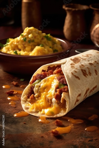A breakfast burrito with scrambled eggs cheese and salsa
