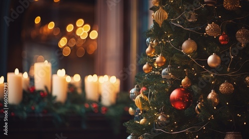 A christmas tree with lit candles in the background