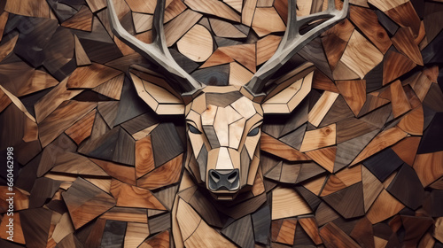 Wood deer. Animal faces made of wood. Wild, brutal nature.