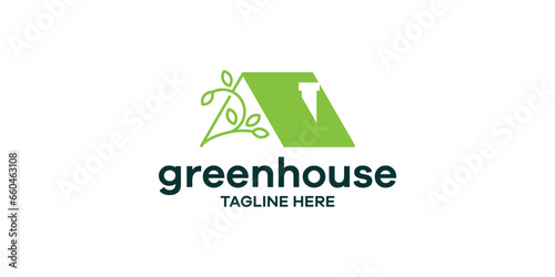 greenhouse logo design with house and plant elements.