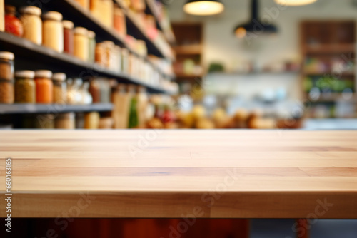 Top of surface wooden table with blurred grocery store background.
