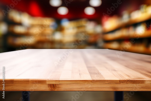 Top of surface wooden table with blurred grocery store background.