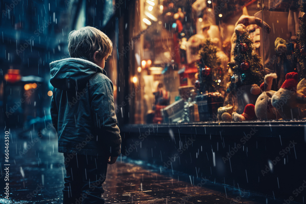 A young kid looks at Christmas presents through the window of a Christmas shop. The child expects and wants a New Year's gift from Santa Claus. Snowy cold day outside.
