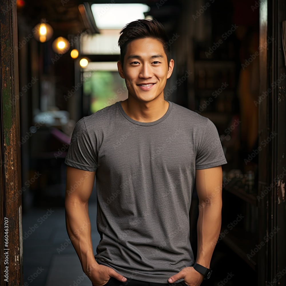 Fototapeta premium Diverse Representation in Grey T-shirt Male Mock-up Showcase