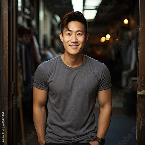 Fashion Forward Asian Man in Grey Shirt Urban Context © Made360