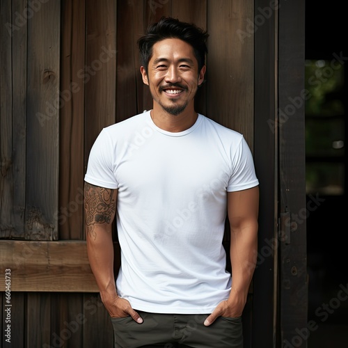 Asian Man Smiling in Plain White T-shirt Mockup Presentation