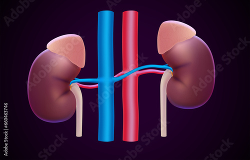 3D illustration of two human kidneys next to arteries and veins on a dark background used in medicine, science, education, industries and commerce.