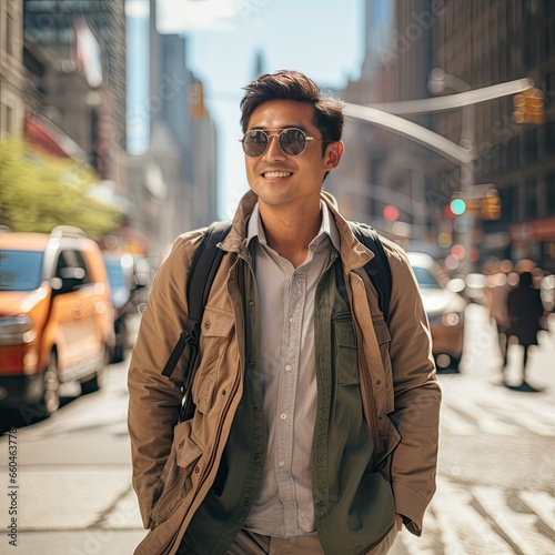 Stylish Chinese Man Walking through City Diverse Fashion Model Concept