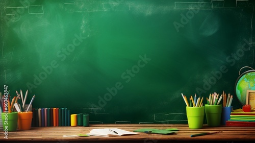 School design with a green textured chalkboard with free space for text and education supplies behind it - pens, pencils, markers, notebook, spy glass, ruler, sheet of paper, brushes.