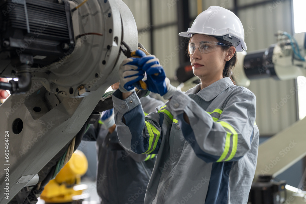 Female engineer checking and maintaining robot arms machine at factory. Technician woman in uniform with helmet safety repairing robotic arms for automated manufacturing industry