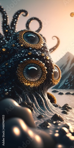 Murais de parede close up portrait cinematic realism closeup Photo of ferrofluid leather octopus