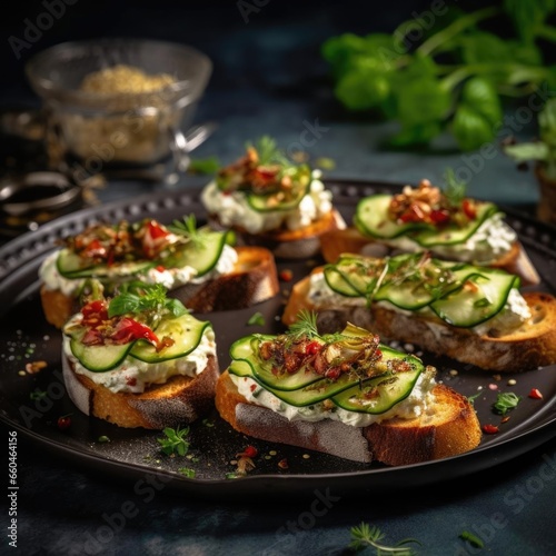 Close up view of grilled sandwich, bruschetta with mozzarella cheese, grilled peppers, capers and herbs