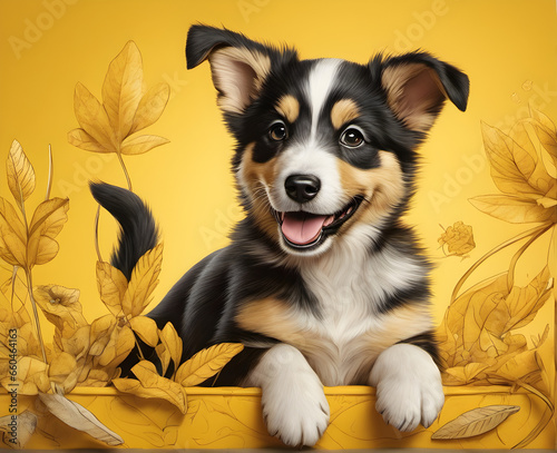 Wallpaper Mural Joyful Puppy: Cute Smiling Dog on Vibrant Yellow Background. generative AI Torontodigital.ca