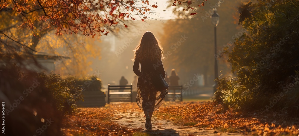 Fototapeta premium back view of a woman walking in the park in the morning