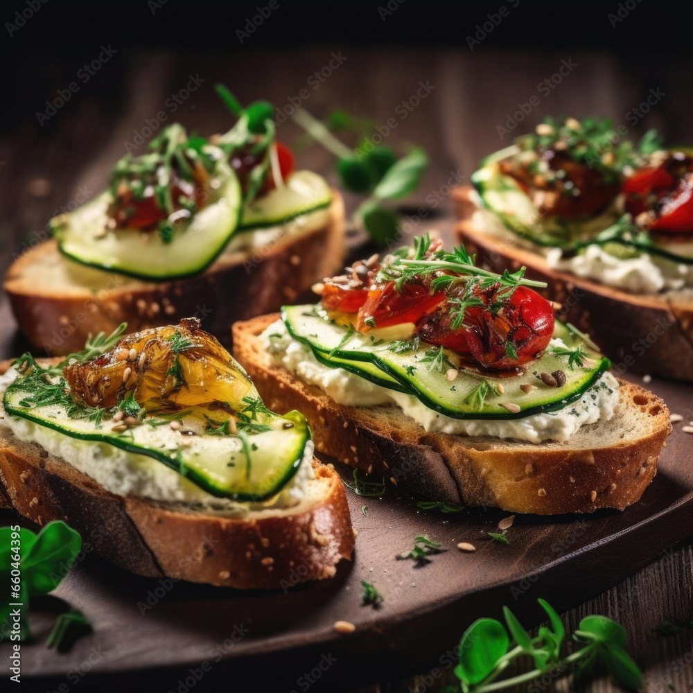 Delicious toasted bread with salad of green wild garlic, close up, top view