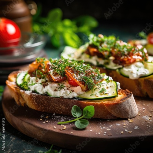 Traditional Italian bruschetta with cherry tomatoes, cream cheese, basil leaves, capers and balsamic vinegar on a wooden cutting board. Close up.