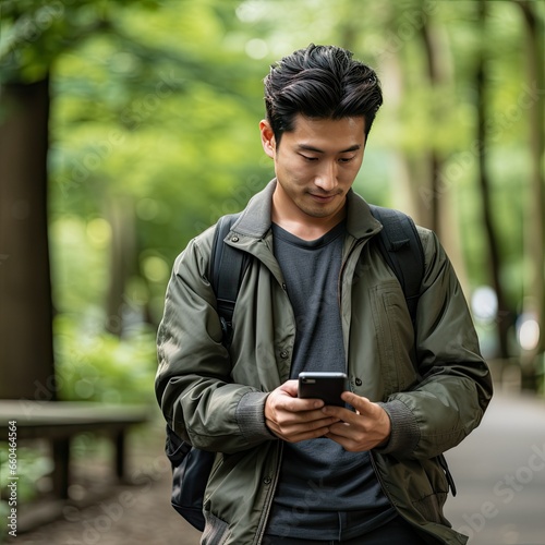 Asian Student With Backpack Using Phone Outdoors