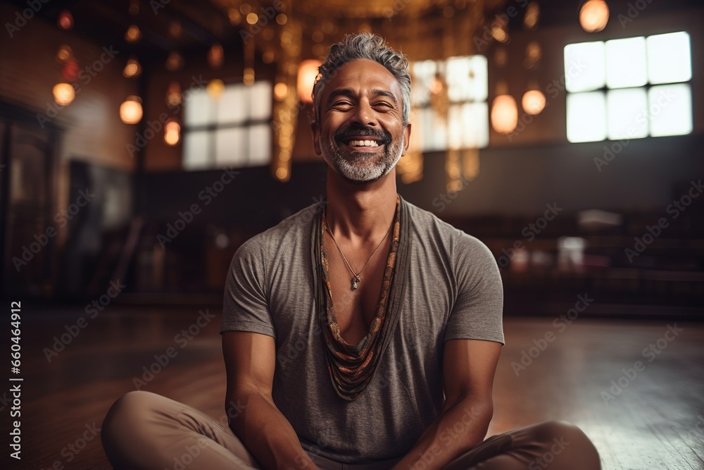 Smiling Mature man meditating sitting in a yoga studio Smiling Mature man meditating sitting in a yoga studio