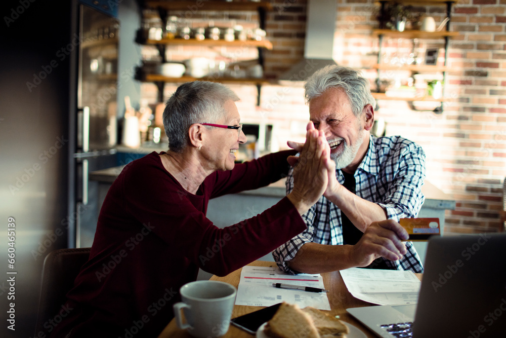 Senior couple high fiving each other after paying bills online on laptop