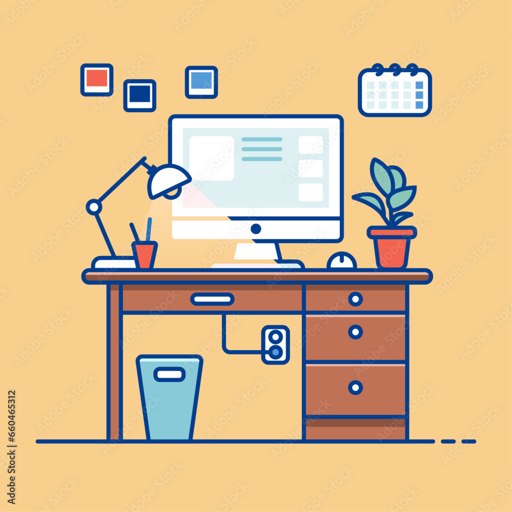 Fototapeta premium Home office workspace, desktop, computer on table with mouse and coffee in the light of a table lamp, socket, calendar, stickers, pens, houseplant, urn, vector illustration in flat outline style