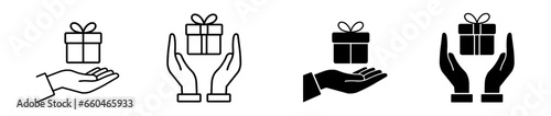 Hand wih gift icon set. Giving and present symbol. Vector 