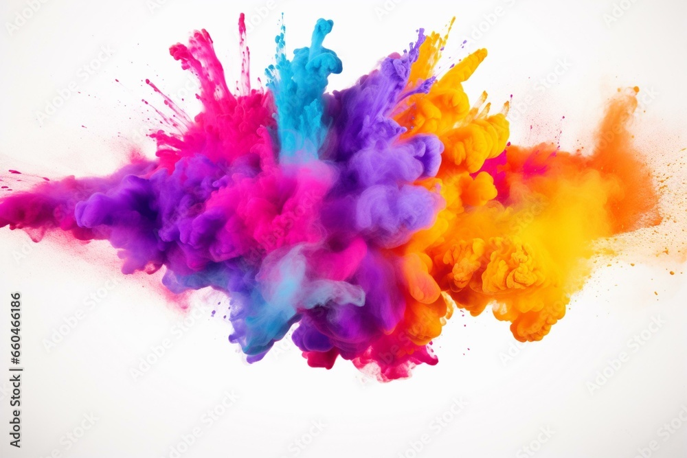 Colorful powder explosion on white background, creating an abstract dust effect. Vibrant explosion resembling Holi paint festival. Generative AI