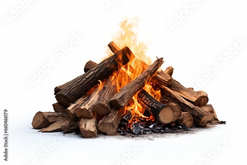 A campfire burning with wooden logs, isolated on a white background