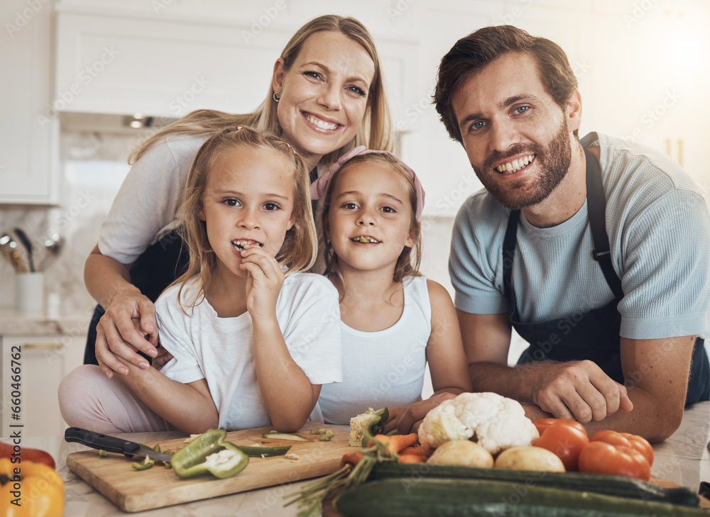 Portrait, cooking and happy family in kitchen together for bonding and preparing dinner, lunch or supper. Love, smile and girl children cutting vegetables or ingredients with parents for meal at home
