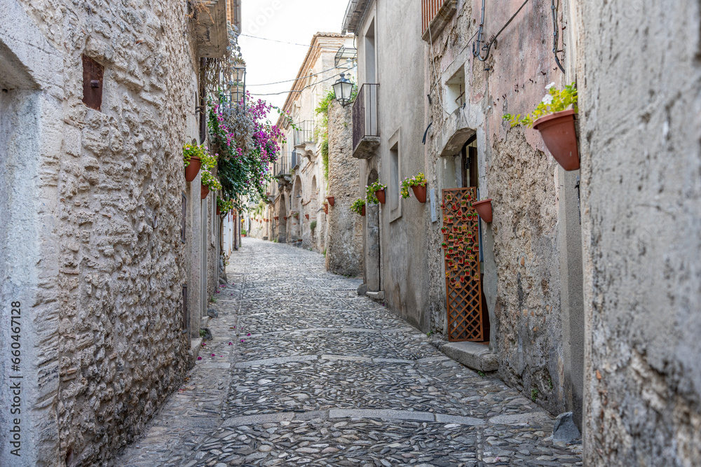A narrow cobblestone walkway going through an old medieval town in Italy