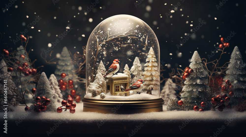 Birds sitting in a glass dome Merry Christmas background. Holiday season, birdhouse, pine trees, night, toy, miniature, Generative AI. - obrazy, fototapety, plakaty 