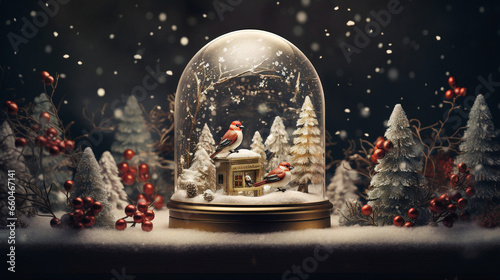Print op canvas Birds sitting in a glass dome Merry Christmas background