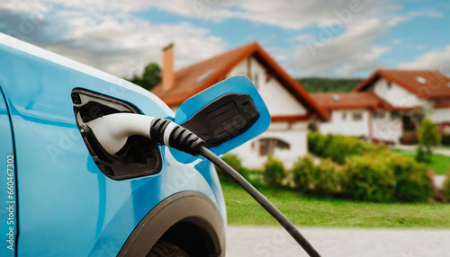 Electric car is charged in suburb