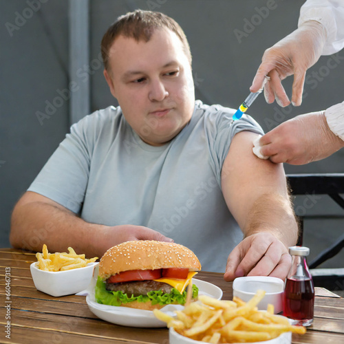 overweight man eats a burger while getting a weight loss shot