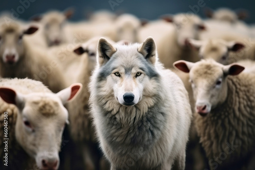 A wolf hiding among a flock of sheep  leading the way or waiting for the right moment to act - Concept of identity and difference  of being unique among others  or metaphor for hidden risk and danger