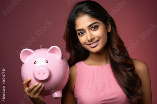 Young indian woman holding piggy bank in hand. saving concept.