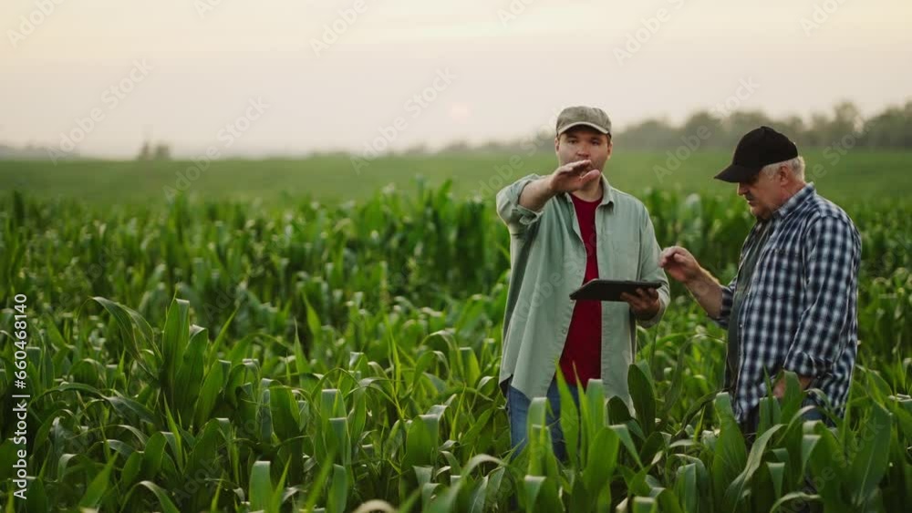 Agronomist And Farmer Discussing Increase In Yield, Two Men In Cornfield, Agribusiness Concept Agronomist And Farmer Discussing Increase In Yield, Two Men In Cornfield, Agribusiness Concept