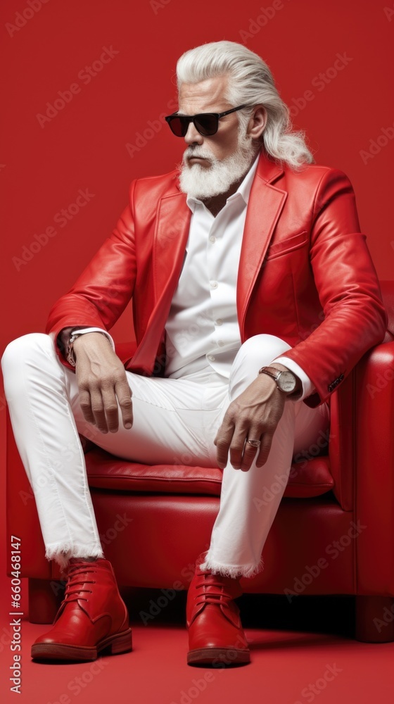 Portrait of senior man wearing red leather clothes and sitting on a chair in studio. Portrait of senior man wearing red leather clothes and sitting on a chair in studio.