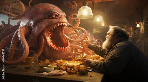 Old fat man with a beard sitting at the table and eating octopus in a restaurant. Horror movie concept. © AS Photo Family