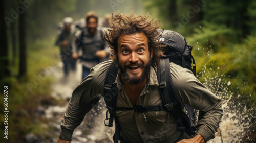 Running man with a backpack on the background of the forest.