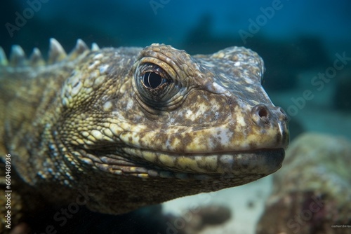 honest oceanic reptile swimming beneath with direct eye contact. Generative AI