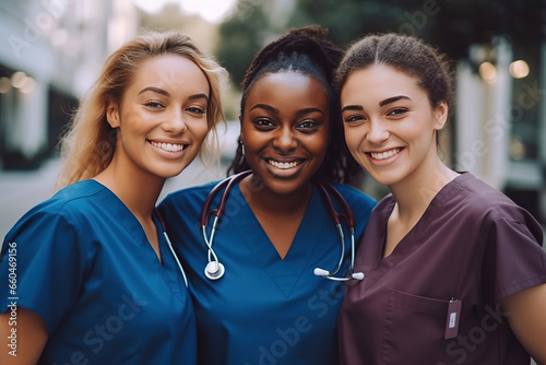Smiling beautiful female healthcare workers or healthcare students photo