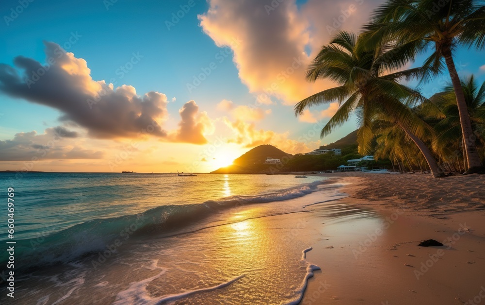 Beach in Caribbean island at sunset. AI, Generative AI