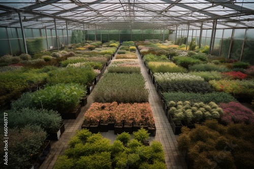 A vast nursery showcasing abundant plant growth. Generative AI