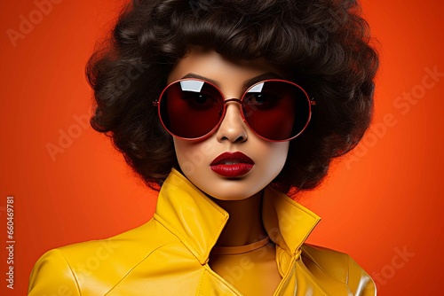 a beautiful exotic woman with bright red lipstick on her lips, wearing a yellow leather suit and a big pair of orange sunglasses