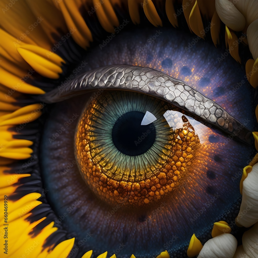 closeup of a snakes eye with abstract healing sunflower inside 4k photorealistic 
