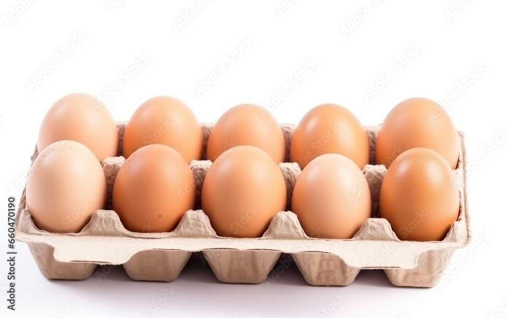 Cardboard container with raw chicken eggs isolated on white background. AI, Generative AI