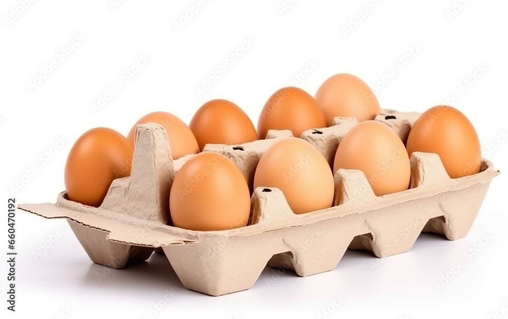 Cardboard container with raw chicken eggs isolated on white background. AI, Generative AI Cardboard container with raw chicken eggs isolated on white background. AI, Generative AI