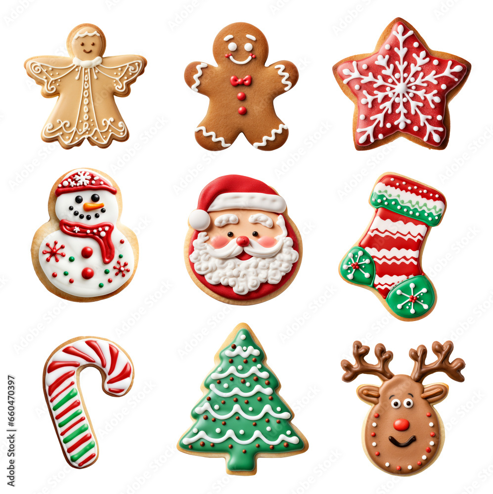 Christmas gingerbread festive cookie collection isolated on a plain white background
