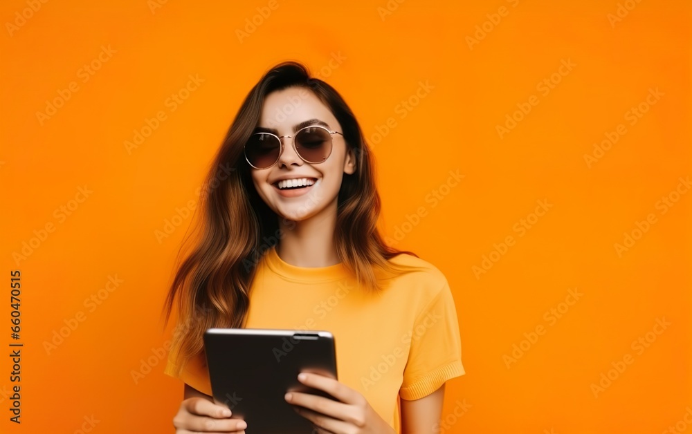 Cheerful pretty young woman digital nomad using table. AI, Generative AI Cheerful pretty young woman digital nomad using table. AI, Generative AI