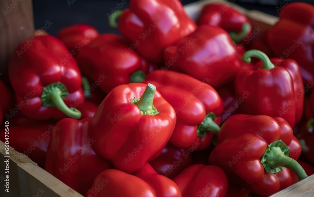 Closeup of a crate of sweet red bell capsicum peppers. AI, Generative AI Closeup of a crate of sweet red bell capsicum peppers. AI, Generative AI